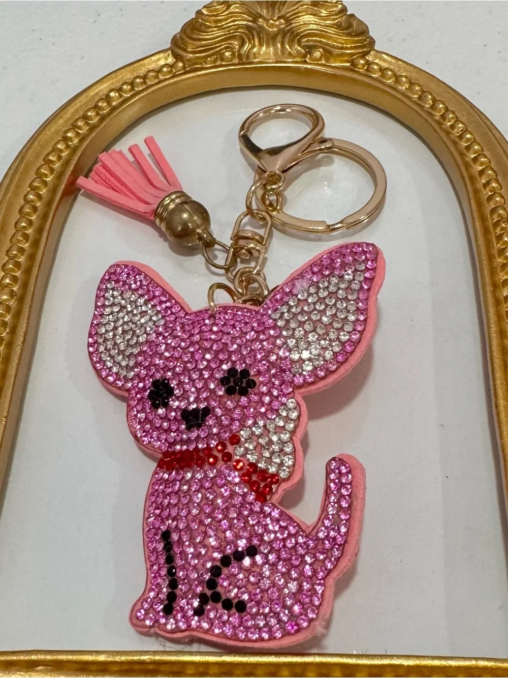 New Pink Crystal Chihuahua Keychain Charm with Tassel